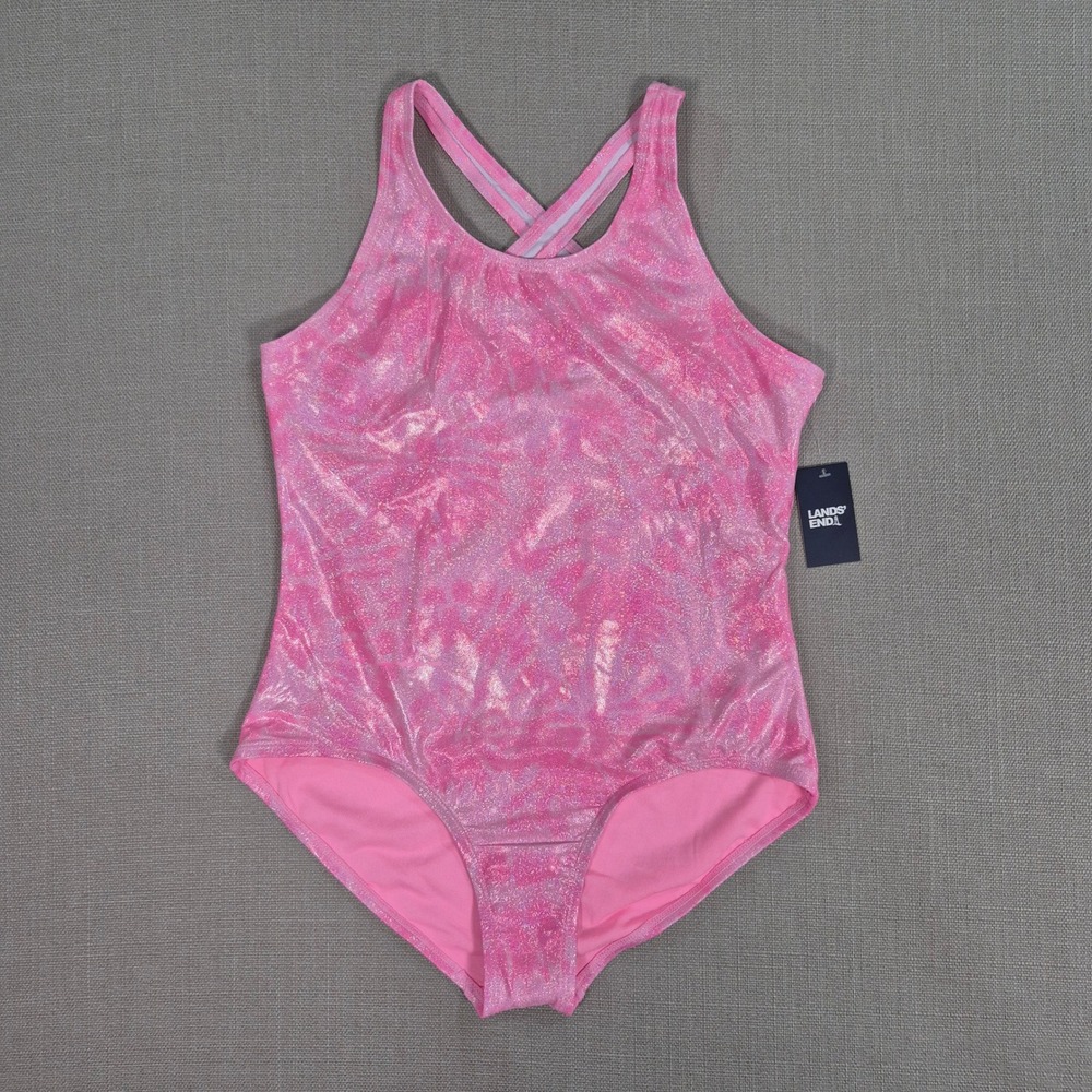 Lands End Girls Pink Shimmer Tie Dye One Piece Swimsuit XL 14-16 NWT